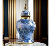 Blue and Gold Ceramic Ginger Jar with Lid - Stylish Decorative Storage Vase for Home Decor Gifts and nization (Large)
