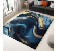Blue and Gold Fluid Washable Rug, 120 x 170 cm Carpet Non-Slip Bedroom, Non Shedding Super Soft Carpet Easy Care Area Rug Non-Slip Bedroom Marble Blue Gold Swirl for Dining Room Office Living Room