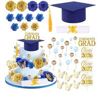 Blue and Gold Graduation Cake Decorations Class of 2026, Congrats Grad Topper Decor Kit with Cap Diploma Flowers Balls Butterflies Party Supplies