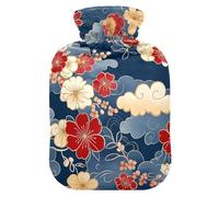 Blue and Gold Japanese Vintage Flowers hot Waterbottle with Soft Cover, 2L hot compresses for The Body for Pain Relief