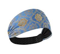 Blue and Gold Japanese Vintage Flowers Moisture Wicking headband holder Elastic hair bands for Yoga hiking Workouts washing face