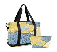 Blue and Gold Japanese Waves and Clouds Large Carry On Airport Bag with Wet Pocket Adjustable Strap Sports Tote Gym Bag for Travel Foldable for Men Women