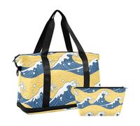 Blue and Gold Japanese Waves Carry on Bag with Wet Pocket Adjustable Strap Large Gym Bag for Workout 2 Pcs Set for Men Women