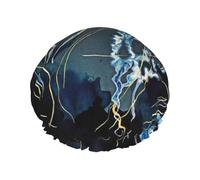 Blue And Gold Jellyfish Double Waterproof Elastic Band Shower Cap With Frilled Ears Kitchen Oil-Proof Bonnet Can Be Reused