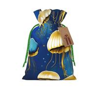 Blue And Gold Jellyfish Print Christmas Drawstring Gift Bags Birthday Sacks With For Xmas Wedding Party Favors