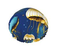 Blue And Gold Jellyfish Print Elastic And Reusable Hair Bath Caps Double Waterproof Layers Bathing Hat
