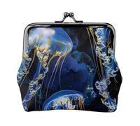 Blue and Gold Jellyfish Printed Leather Kiss-Lock Wallet for Women - Compact and Secure Coin Purse, Black