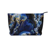 Blue and Gold Jellyfish Printed Makeup Bag Corduroy Travel Cosmetic Bags Cosmetic Case Toiletry Bag Organizer for Women Mom Girls