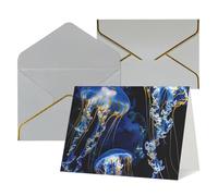 Blue and Gold Jellyfish Printed Pearl Paper Greeting Card, Light Grey - Folded Blank Cards with Gold Trim for Weddings, Birthdays, Christmas