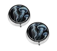 Blue and Gold Jellyfish Round Pill Box Compact 3 Compartment Metal Pill Organizer with Print Design, Portable Travel Medication Case for Daily