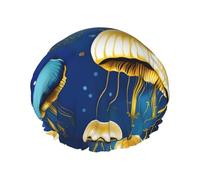 Blue And Gold Jellyfish Shower Cap For Women, Reusable Shower Cap, Waterproof Bath Cap For Women Long Hair