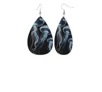 Blue And Gold Jellyfishprint Leather Earring Stylish Waterdrop Shaped Dangle Earrings With Double Sided Print, Pvc Leather 925 Silver Plated Hooks For Womenâ€™s Fashion Holiday Party Gift