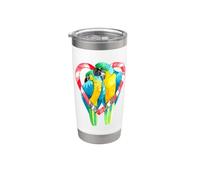 Blue and Gold Macaw Parrot Pair on Candy Cane Heart Stainless Steel Insulated Tumbler