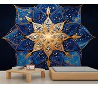 Blue and Gold Mandala Lotus Wallpaper Luxury Girls Bedroom Wallpaper Abstract Lotus Wall Murals for Living Room Geometric Kids Wall Paper for Bedroom Living Room Mural Poster 500X300cm