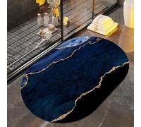 Blue and Gold Marble Bath Mat Rugs Bathroom Floor Mat Super Absorbent Ultra Thin Low Profile Non Slip Quick Dry Washable Carpet for in Front of Bathtub,Shower Room,Sink（32"*20"Ellipse）