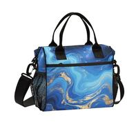 Blue and Gold Marble Texture Lunch Bags for Men Minimalist Lunch Bag Tote Bag with Shoulder Strap Boys Camping M