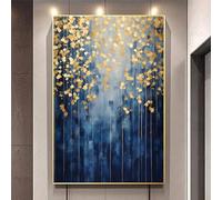 blue and Gold Modern Abstract Canvas Wall Art with Gold Foil, Dark Blue Picture for Living Room, 16x24inch