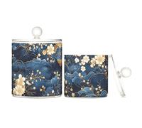 Blue and Gold Retro Romantic Flowers Clear Plastic storage boxes with lid Office Essentials Decorative storage bins for Cotton Swabs,Cotton Pads,Floss Picks,Paper Clips,s 2 Pack