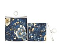 Blue and Gold Retro Romantic Flowers Clear Plastic storage container with lid Pantry Essentials Decorative storage bins for Cotton Swabs,Cotton Pads,Floss Picks,Paper Clips,s 2 Pack