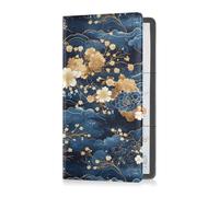 Blue and Gold Retro Romantic Flowers Pu Leather Car Registration & Insurance Card Holder Auto Truck Comparment Accessories Case for Essential Document, Driver License, Cards