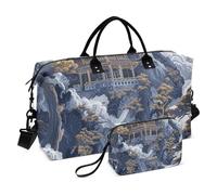 Blue and Gold Smoke Wreathed Landscape Overnight Travel Duffel Bag Carry on Bag Gym Bag with Adjustable Strap for Trip Multifunctional