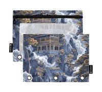 Blue and Gold Smoke Wreathed Landscape Zippered Binder Pouches with Clear Window Zippered Pencil Bag Big Capacity 3 Rings Pencil case for Storing School Students Teacher Supplies