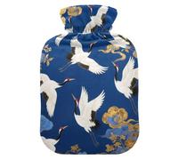 Blue and Golden Japanese Cloud Crane hot-Water Bottle with Soft Cover, 2L hot compresses for The Body for ( Scenario), (Scenario), Bolsa para agua Caliente para Dolor