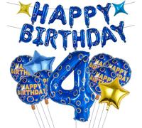 Blue and Golden Ring Birthday Party Decorations, 24PCS Blue Gold Ring Theme Happy Birthday Banner Number 4 Foil Balloons Kits,4th Birthday Party Supplies for for Boys and Girls(4th)