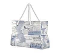 Blue and Gray English Patchwork Newspaper Sturdy Bags and Totes with Side Pocketes Bag Women for Pool Gym Grocery Travel