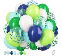 Blue and green 12 Inch Navy Dark Teal White Latex Balloons, Fruit Teal White Confetti, for Birthday Football Video Game Jungle Dinosaur Theme Party