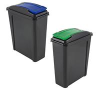 (Blue And Green) 25L Slimline Bin Heavy-Duty Plastic Indoor Recycling Bins with Flap Lid Waste Rubbish Bins For Kitchen, Bathroom 25 Litres Slim Tall Bin Made in UK