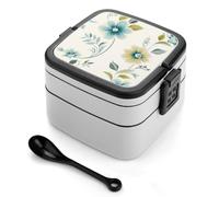 Blue And Green Flowers Bento Box with Spoon & Handle - 2 Compartment Leak-Proof Stackable Lunch Box for Adults, BPA-Free Reusable Food Containers for Work, Travel, Picnic