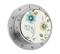 Blue and Green Flowers Kitchen Timer 60 Minute Visual Wind Up Timers Indoor Mechanical Timers with Magnetic Base Stainless Steel Timer for Home Cooking Time Management Tool