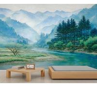 Blue and Green Landscape Painting Mural Distant Mountain Accent Wallpaper Tree Wallpaper Kids for Bedroom Living Room Sofa TV Background Wall Mural Poster Decor 250X175cm