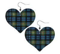 Blue And Green Scottish Tartan Elegant Leather Heart-Shaped Earrings-Fashionable And Unique Accessories For Everyday Wear