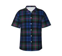 Blue and Green Scottish Tartan Hawaiian Shirt for Men - Lightweight Short Sleeve Beach top for Summer Vacations and Parties, Black, 3XL