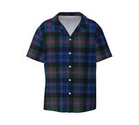 Blue and Green Scottish Tartan Hawaiian Shirt for Men, Summer Casual Fit Short Sleeve Button Down Shirts Beach Shirts, Black, XL