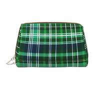 Blue and Green Scottish Tartan Leather Hand-Held Zipper Makeup Bag Pen Case Stationery Box Lipstick Pouch Toiletry Bag