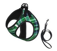 Blue and Green Scottish Tartan print Dog Harness and Leash Set, Reflective Adjustable Puppy Vest for Small Medium Large Dogs, Cats