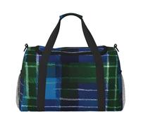Blue and Green Scottish Tartan Print Foldable Carry On Tote Large Capacity Hand Carry Bag for Airplane Weekend Getaways