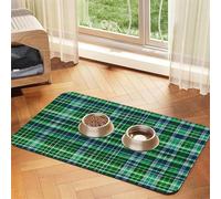 Blue and Green Scottish Tartan print Pet Food Mat Absorbent Non-Slip PU Leather Feeding Mat for Dogs Cats Pet Bowl Placemat