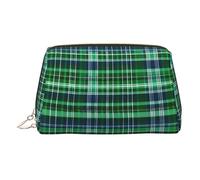 Blue and Green Scottish Tartan Print Premium Leather Toiletry Travel Pouch with Waterproof Portable Pouch Open Flat Makeup Bag