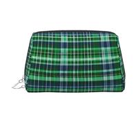 Blue and Green Scottish Tartan Print Premium Leather Toiletry Travel Pouch with Waterproof Portable Pouch Open Flat Makeup Bag