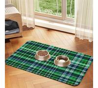 Blue and Green Scottish Tartan print PU Leather Feeding Mat for Dogs Cats Pet Food Mat Absorbent Non-Slip Rubber Bottom