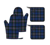 Blue and Green Scottish Tartan Printed Kitchen Set with Heat Resistant Oven Mitts & Non-Slip Pot Holders for Baking Grilling