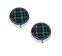 Blue and Green Scottish Tartan Printed Mini Round Pill Box,Pill Box 3 Compartment Medicine Pill Case, Pill Organizer Travel Pillbox, Portable Pill Box for Pocket, Home, Office Use