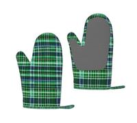 Blue and Green Scottish Tartan Printed Non Slip Baking Mittens Professional Kitchen Hand Guard for BBQ Cooking Accessories
