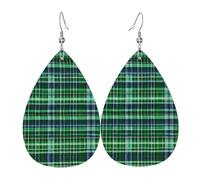 Blue and Green Scottish Tartan Printed Teardrop Leather Earrings, Fashion Water Drop Dangle Accessory for Holiday Party
