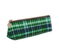 Blue and Green Scottish Tartan Printing Triangular Leather Pencil Case with Zipper Pen Pouchfor Boys Girls Pupil for Work and School