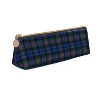 Blue and Green Scottish Tartan Printing Triangular Leather Pencil Case with Zipper Pen Pouchfor Boys Girls Pupil for Work and School